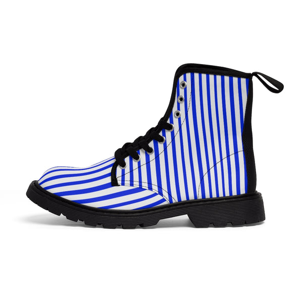 Blue Stripes Women's Canvas Boots, Best White Blue Striped Winter Boots Shoes For Ladies-Shoes-Printify-Heidi Kimura Art LLC Blue Striped Women's Canvas Boots, Vertically White Striped Print Designer Women's Winter Lace-up Toe Cap Boots Shoes For Women (US Size 6.5-11)
