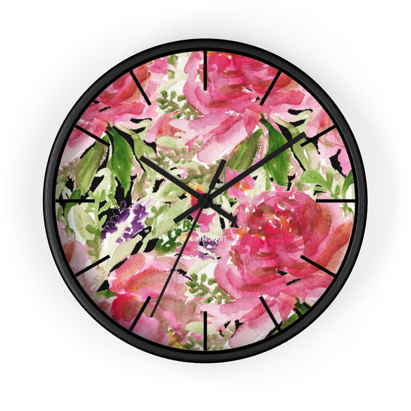 Pink Floral Rose Wall Clock,  Floral 10 inch Diameter Wall Clock, Large Round Wood Girl Children Bedroom Wall Clock