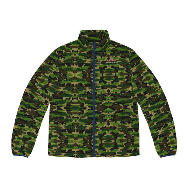 Green Camo Print Men's Jacket, Best Men's Puffer Jacket With Zippers
