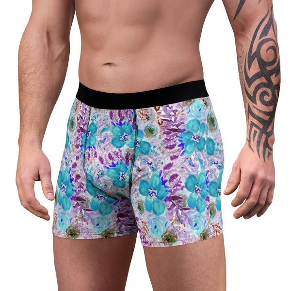 Blue Floral Print Men's Underwear, Designer Boxer Briefs-All Over Prints-Printify-L-Black Seams-Heidi Kimura Art LLC