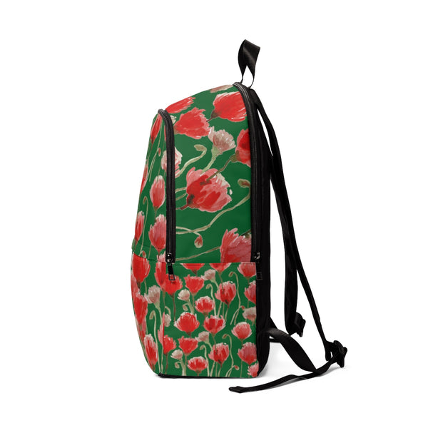 Green Red Poppy Flower Floral Print Unisex Fabric Backpack School Bag w/ Laptop Slot-Backpack-One Size-Heidi Kimura Art LLC