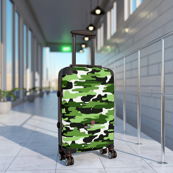 Green White Camo Cabin Suitcase, Camorlauged Army Military Print Carry On Polycarbonate Front and Hard-Shell Durable Small 1-Size Carry-on Luggage With 2 Inner Pockets & Built in Lock With 4 Wheel 360° Swivel and Adjustable Telescopic Handle - Made in USA/UK (Size: 13.3" x 22.4" x 9.05", Weight: 7.5 lb) Unique Cute Carry-On Best Personal Travel Bag Custom Luggage - Gift For Him or Her 
