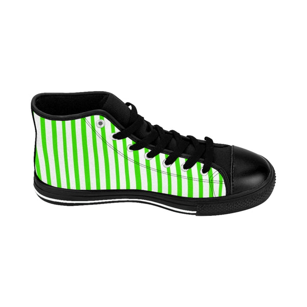 Green Striped Men's High-top Sneakers, Green White Modern Stripes Men's High Tops, High Top Striped Sneakers, Striped Casual Men's High Top For Sale, Fashionable Designer Men's Fashion High Top Sneakers, Tennis Running Shoes (US Size: 6-14)