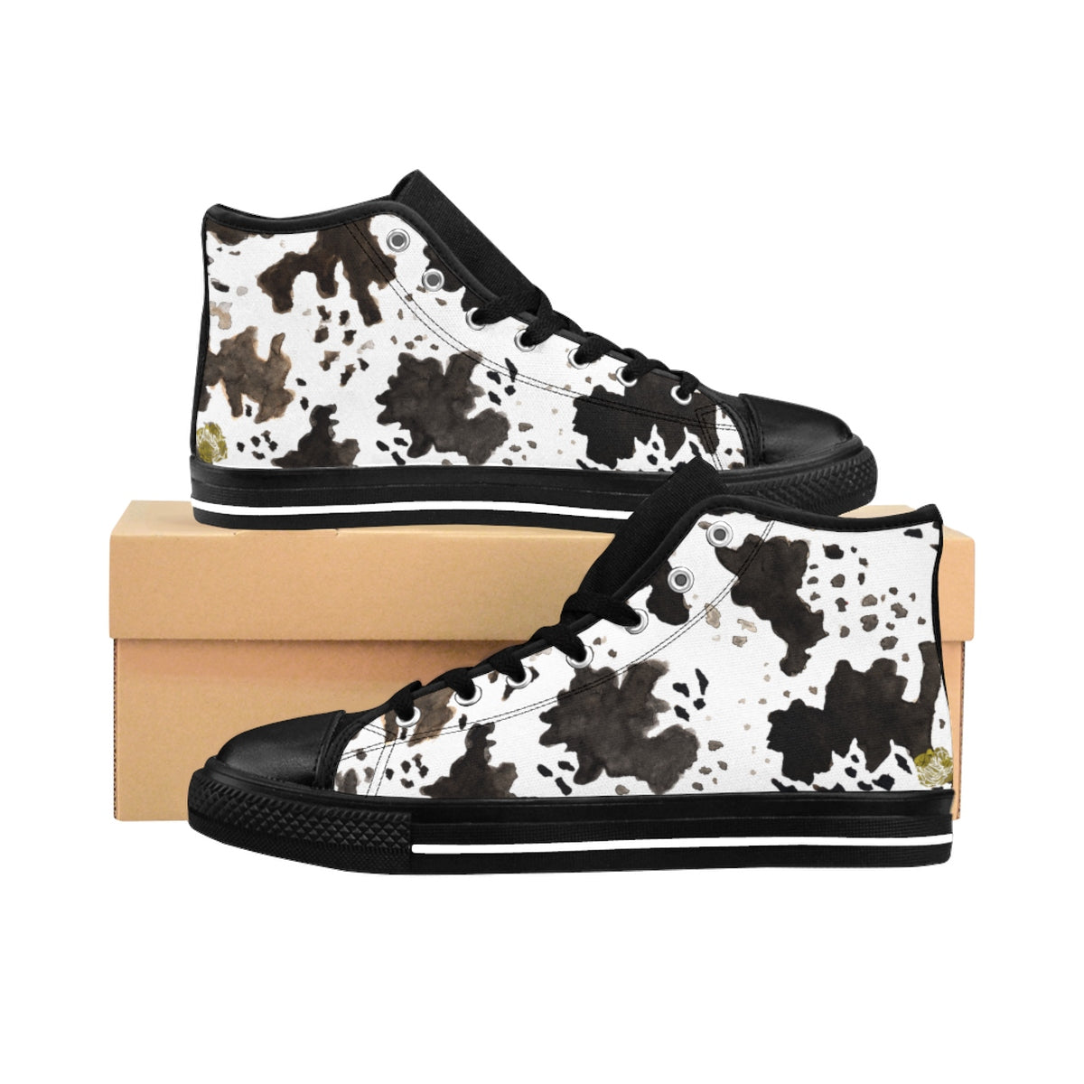 Milk Cow Print White Brown Black 5" Calf Height Women's High-Top Sneakers Running Shoes, (US Size: 6-12)-Women's High Top Sneakers-Black-US 9-Heidi Kimura Art LLC