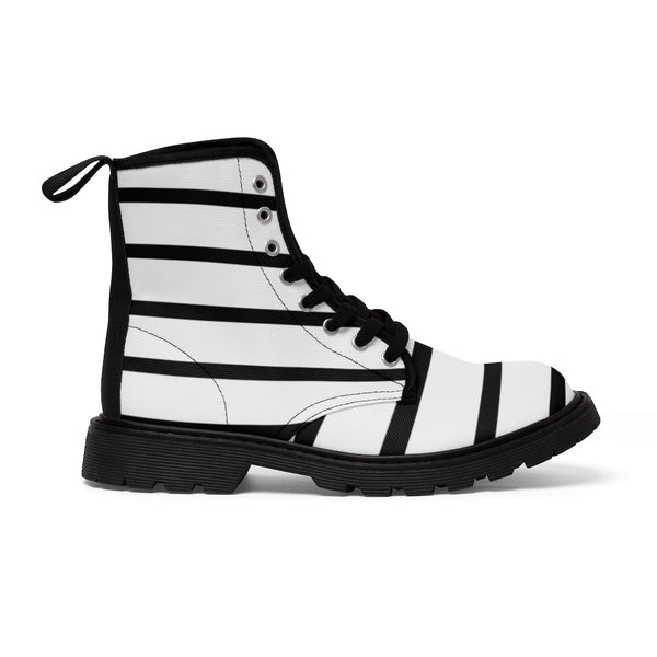 Striped Women's Canvas Boots, Modern White Black Stripes Print Winter Boots For Ladies-Shoes-Printify-Heidi Kimura Art LLC Striped Women's Canvas Boots, Modern White Black Stripes Printed Fashion Boots For Ladies, Modern Vertical Stripes Striped Modern Modern Essential Casual Fashion Hiking Boots, Canvas Hiker's Shoes For Mountain Lovers, Stylish Premium Combat Boots, Designer Women's Winter Lace-up Toe Cap Hiking Boots Shoes For Women (US Size 6.5-11)