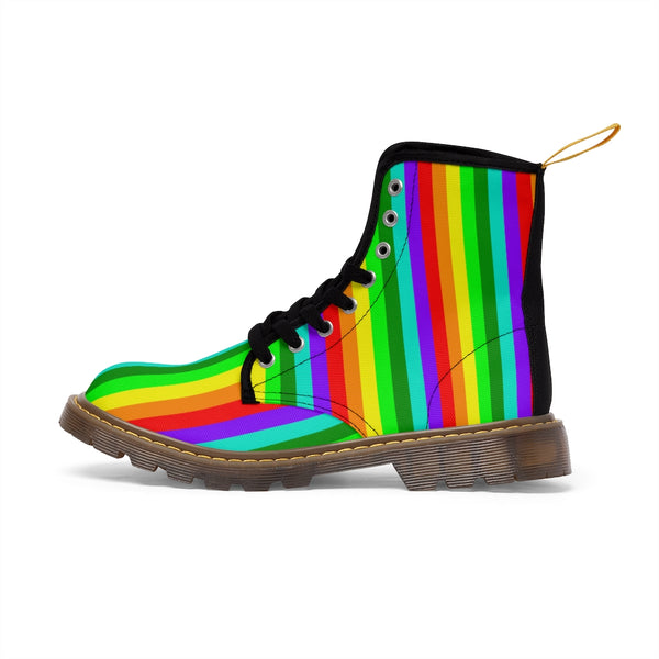 Rainbow Stripe Women's Canvas Boots, Striped Animal Print Winter Boots For Ladies-Shoes-Printify-Heidi Kimura Art LLC Rainbow Stripe Women's Canvas Boots, Striped Modern Gay Pride Modern Essential Casual Fashion Hiking Boots, Canvas Hiker's Shoes For Mountain Lovers, Stylish Premium Combat Boots, Designer Women's Winter Lace-up Toe Cap Hiking Boots Shoes For Women (US Size 6.5-11)