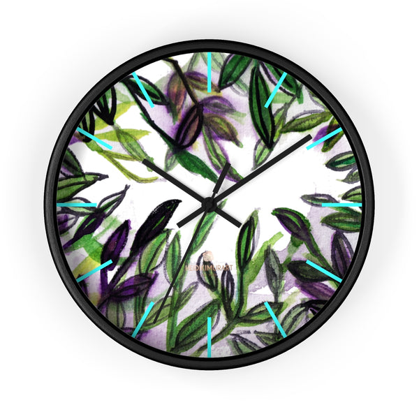 Green Purple Tropical Leaf Print Designer 10 in. Dia. Indoor Wall Clock- Made in USA-Wall Clock-10 in-Black-Black-Heidi Kimura Art LLC