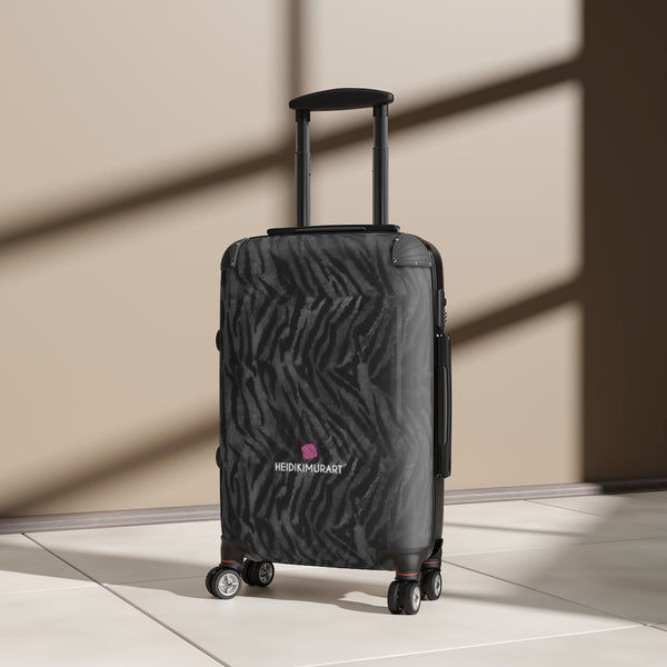 Grey Tiger Striped Cabin Suitcase, Animal Print Carry On Polycarbonate Front and Hard-Shell Durable Small 1-Size Carry-on Luggage With 2 Inner Pockets & Built in Lock With 4 Wheel 360° Swivel and Adjustable Telescopic Handle - Made in USA/UK (Size: 13.3" x 22.4" x 9.05", Weight: 7.5 lb) Unique Cute Carry-On Best Personal Travel Bag Custom Luggage - Gift For Him or Her 