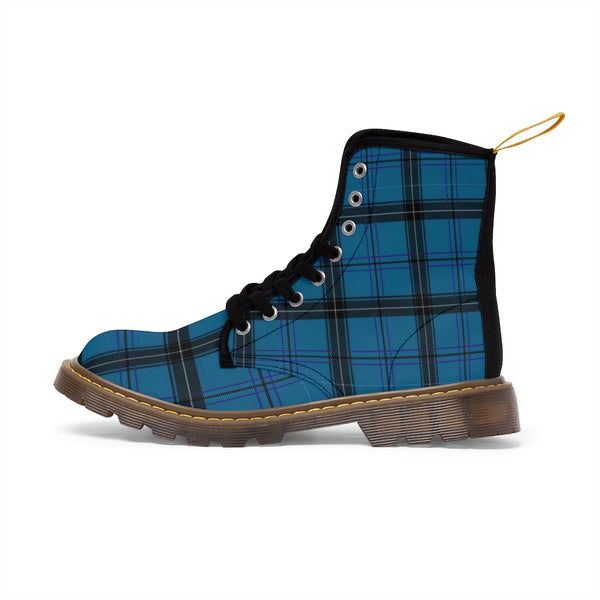 Blue Plaid Women's Canvas Boots, Best Blue Plaid Print Canvas Boots For Women, Elegant Feminine Casual Fashion Gifts, Hunting Style Combat Boots, Designer Women's Winter Lace-up Toe Cap Hiking Boots Shoes For Women (US Size 6.5-11)