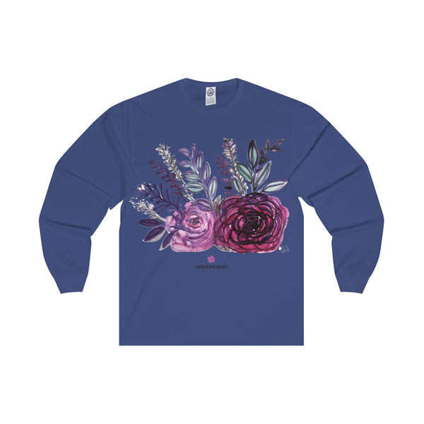 Rose Floral Print Premium Women's Designer Long Sleeve Tee - Made in USA-Long-sleeve-Royal-L-Heidi Kimura Art LLC