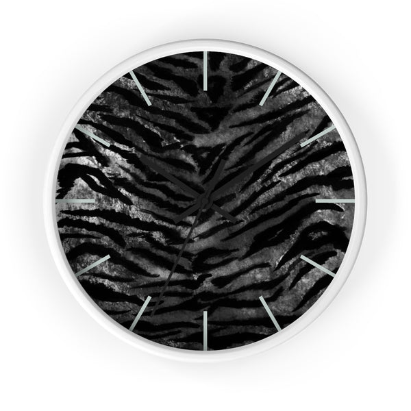 Black Tiger Stripe Wall Clock, Tiger Faux Fur Pattern Print 10" Dia. Walll Clock - Made in USA-Wall Clock-White-Black-Heidi Kimura Art LLC