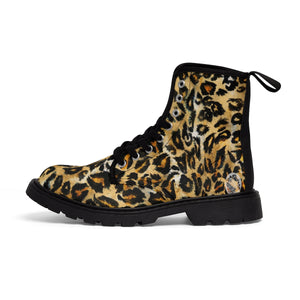 Snow Leopard Animal Print Designer Men's Lace-Up Boots Cap Toe Men's Shoes-Men's Winter Boots-Black-US 9-Heidi Kimura Art LLC