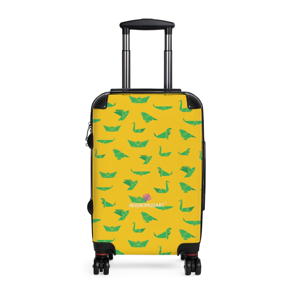 Yellow Green Crane Cabin Suitcase, Japanese Style Designer Carry On Polycarbonate Front and Hard-Shell Durable Small 1-Size Carry-on Luggage With 2 Inner Pockets & Built in Lock With 4 Wheel 360° Swivel and Adjustable Telescopic Handle - Made in USA/UK (Size: 13.3" x 22.4" x 9.05", Weight: 7.5 lb) Unique Cute Carry-On Best Personal Travel Bag Custom Luggage - Gift For Him or Her 