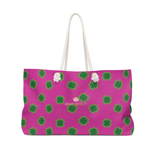 Hot Pink Green Clover Print St. Patrick's Day Large Weekender Tote Bag- Printed in USA-Weekender Bag-24x13-Heidi Kimura Art LLC