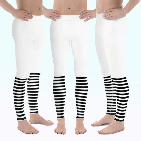 Modern Striped Men's Leggings, White Black Stripes Classic Premium Best Meggings Compression Tights Sexy Meggings Men's Workout Gym Tights Leggings, Men's Compression Tights Pants - Made in USA/ EU/ MX (US Size: XS-3XL) 