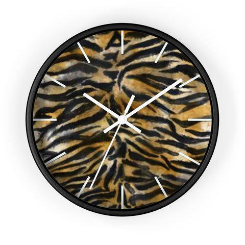 Brown Tiger Stripe Wall Clock, Modern Chic Animal Print 10" Dia. Wall Clock- Made in USA-Wall Clock-Black-White-Heidi Kimura Art LLC
