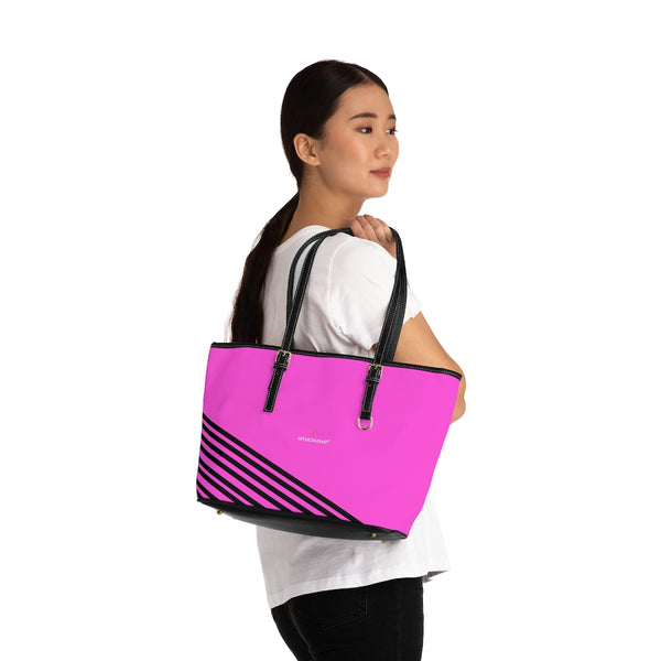 Pink Black Striped Tote Bag, Best Stylish Pink and Black Striped PU Leather Shoulder Large Spacious Durable Hand Work Bag 17"x11"/ 16"x10" With Gold-Color Zippers & Buckles & Mobile Phone Slots & Inner Pockets, All Day Large Tote Luxury Best Sleek and Sophisticated Cute Work Shoulder Bag For Women With Outside And Inner Zippers