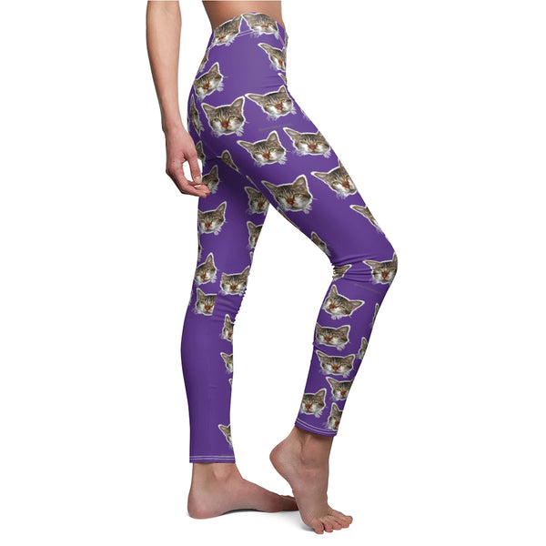 Purple Peanut Meow Cat Cute Calico Print Women's Fancy Casual Leggings- Made in USA-All Over Prints-White Seams-M-Heidi Kimura Art LLC