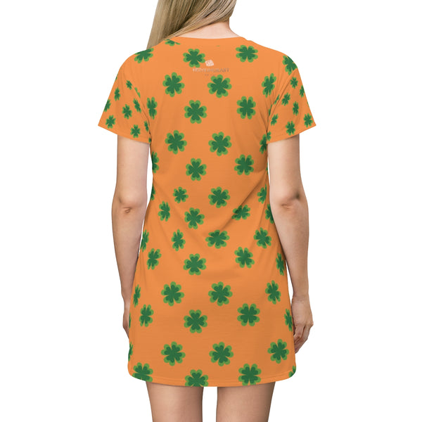 Orange Green Clover Print St. Patrick's Day Women's Long T-Shirt Dress- Made in USA-T-Shirt Dress-Heidi Kimura Art LLC