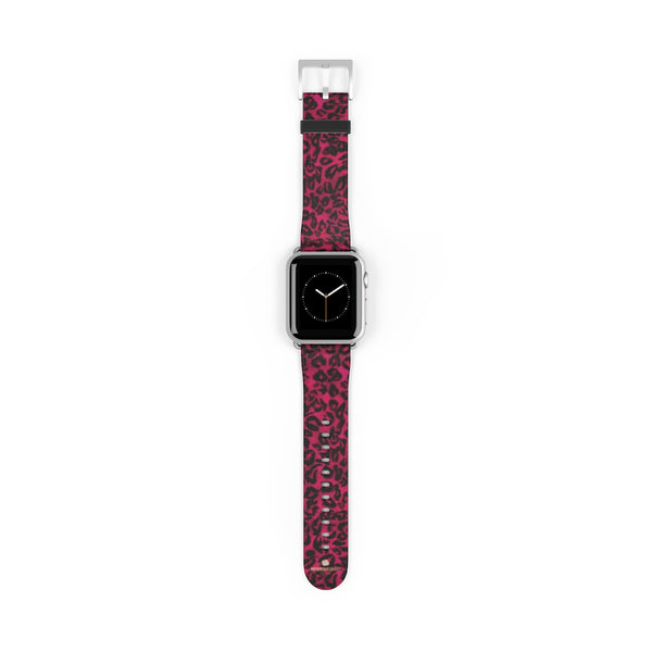 Pink Leopard Animal Print 38mm/42mm Watch Band For Apple Watch- Made in USA-Watch Band-38 mm-Silver Matte-Heidi Kimura Art LLC