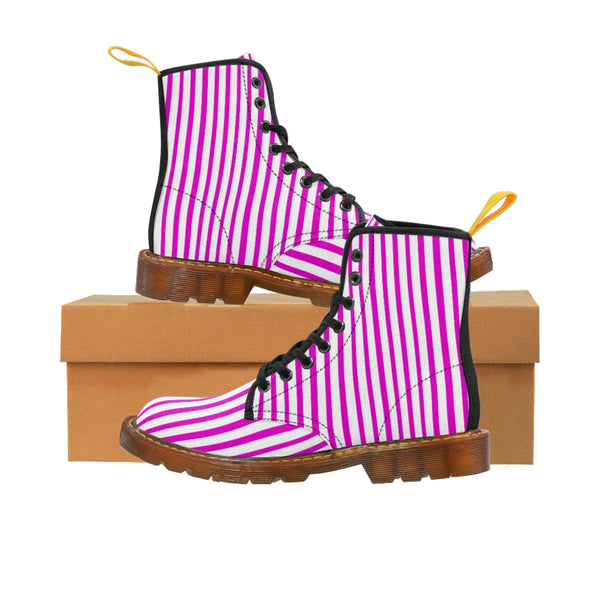 Pink Striped Women's Canvas Boots, Best Hot Pink White Stripes Winter Boots For Ladies-Shoes-Printify-Heidi Kimura Art LLC Pink Striped Women's Canvas Boots, Vertically White Striped Print Designer Women's Winter Lace-up Toe Cap Boots Shoes For Women   (US Size 6.5-11)