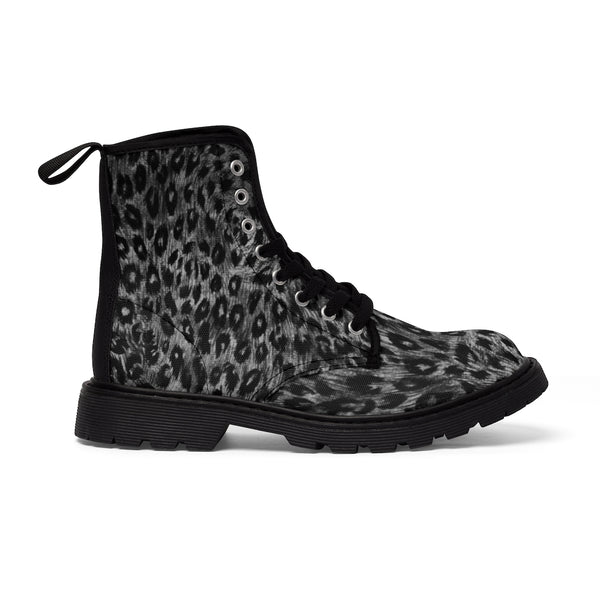 Grey Leopard Women's Canvas Boots, Animal Print Winter Boots For Ladies-Shoes-Printify-Heidi Kimura Art LLC Grey Leopard Women's Canvas Boots, Animal Print Ladies Fashion Lace-Up Hiking Boots, Best Ladies' Combat Boots, Designer Women's Winter Lace-up Toe Cap Hiking Boots Shoes For Women (US Size 6.5-11)