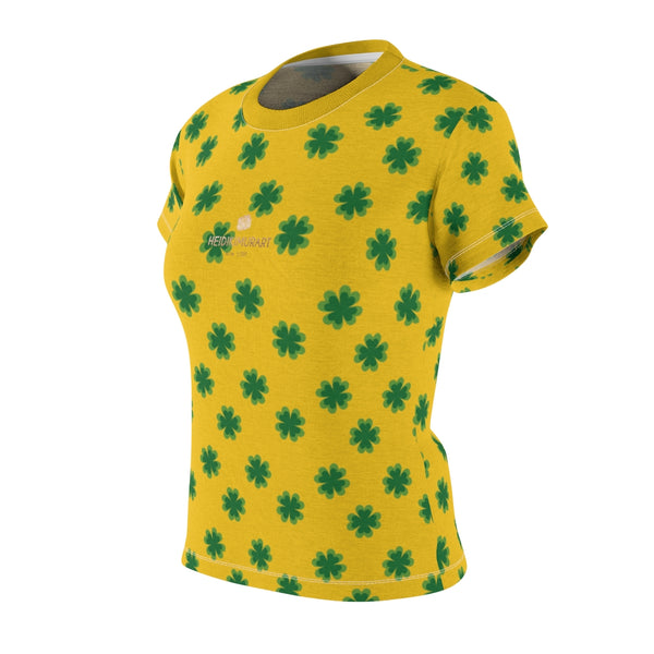 Yellow Green Clover Print St. Patrick's Day Women's Premium Crewneck Tee- Made in USA-Women's T-Shirt-Heidi Kimura Art LLC