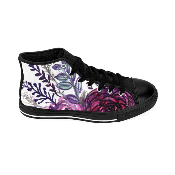 White Purple Rose Floral Print Designer Men's High-top Sneakers Tennis Shoes-Men's High Top Sneakers-Black-US 9-Heidi Kimura Art LLC
