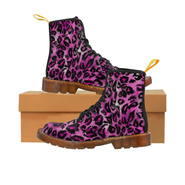 Pink Leopard Print Women's Boots, Best Animal Print Premium Designer Laced-Up Hiking Boot Shoes