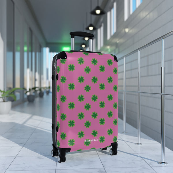 Pink Clover Print Suitcases, Irish Style St. Patrick's Day Designer Suitcase Luggage (Small, Medium, Large)
