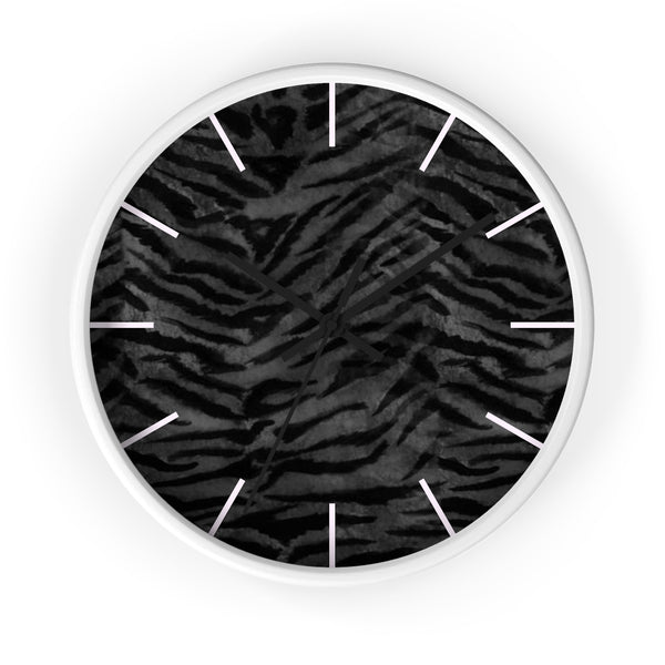 Black Tiger Stripe Wall Clock, Animal Print 10 inch Diameter Indoor Clock-Made in USA-Wall Clock-White-Black-Heidi Kimura Art LLC