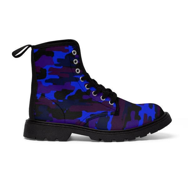 Blue Purple Camouflage Military Army Print Men's Canvas Winter Laced Up Boots-Men's Boots-Heidi Kimura Art LLC