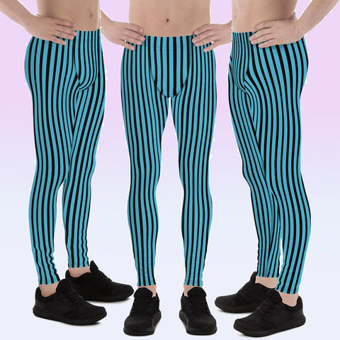 Blue Black Striped Meggings, Black And Blue Stripe Horizontal Print Modern Fashionable Men's Running Workout Gym Circus Carnival Festival Leggings & Run Tights Meggings Activewear- Made in USA/ Europe (US Size: XS-3XL)