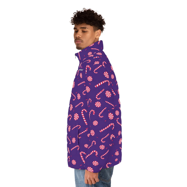 Purple Candy Cane Men's Jacket, Best Christmas Winter Regular Fit Polyester Men's Puffer Jacket With Stand Up Collar (US Size: S-2XL)
