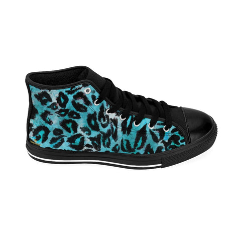 Ocean Blue Leopard Animal Print Premium Men's High-top Fashion Sneakers Shoes-Men's High Top Sneakers-Black-US 9-Heidi Kimura Art LLC