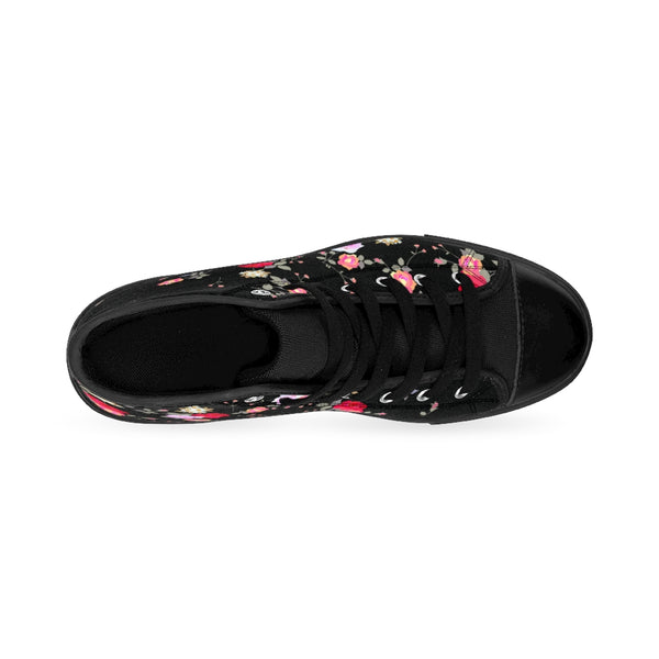 Black Floral Women's Sneakers, Rose Flower Print Designer High-top Fashion Tennis Shoes-Shoes-Printify-Heidi Kimura Art LLCBlack Rose Women's Sneakers, Floral Print 5" Calf Height Women's High-Top Sneakers Running Canvas Shoes (US Size: 6-12)