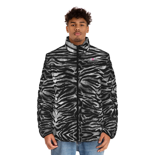 Black Tiger Striped Men's Jacket, Best Animal Print Tiger Stripes Best Fashion Stylish Winter Designer Best Casual Men's Winter Jacket, Best Modern Minimalist Classic Regular Fit Polyester Men's Puffer Jacket With Stand Up Collar (US Size: S-2XL)