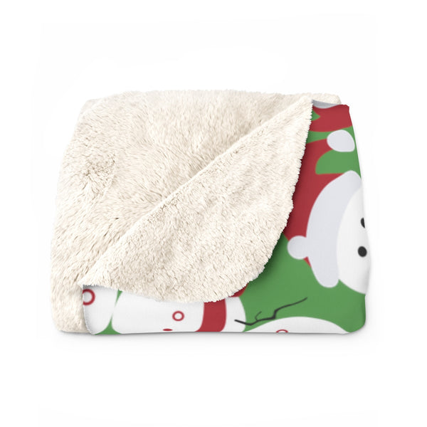Green White Red Christmas Cute Fluffy Snowman Print Cozy Sherpa Fleece Blanket-Blanket-Heidi Kimura Art LLC