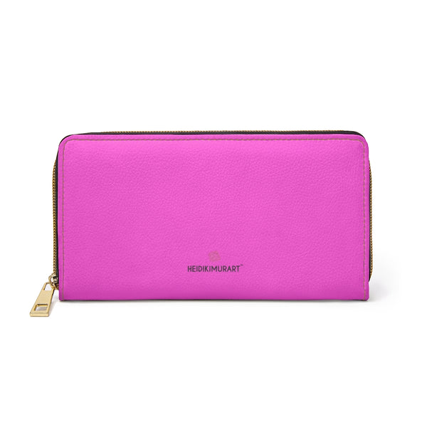 Pink Color Zipper Wallet, Solid Hot Pink Color Best 7.87" x 4.33" Luxury Cruelty-Free Faux Leather Women's Wallet & Purses Compact High Quality Nylon Zip & Metal Hardware, Luxury Long Wallet With Cardholders For Women