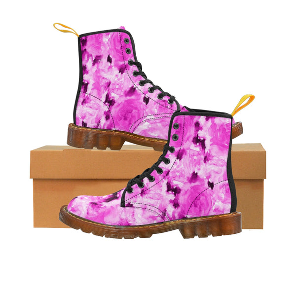 Hot Pink Rose Floral Print Girlie Premium Designer Women's Winter Lace-up Toe Cap Boots-Women's Boots-Heidi Kimura Art LLC