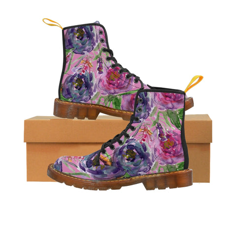 Best Pink Floral Women's Boots, Flower Rose Print Elegant Feminine Casual Fashion Gifts, Flower Rose Print Shoes For Rose Lovers, Combat Boots, Designer Women's Winter Lace-up Toe Cap Hiking Boots Shoes For Women (US Size 6.5-11)