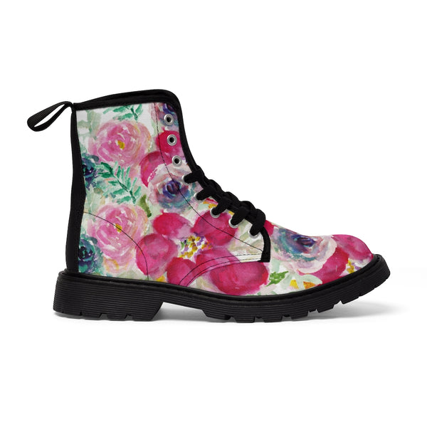 Mixed Floral Print Women's Boots, Rose Ladies' Hiking Combat Hiking Laced-up Boots Shoes