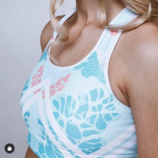 Blue White Stripe Floral Print Women's Unpadded Sports Yoga Bra- Made in USA/ EU-Sports Bras-Heidi Kimura Art LLC