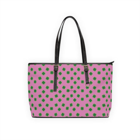 Pink Green Clovers Tote Bag, PU Leather Shoulder Hand Work Bag