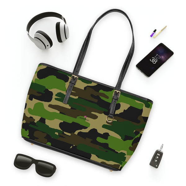 Green Camo Tote Bag, PU Leather Shoulder Hand Work Bag