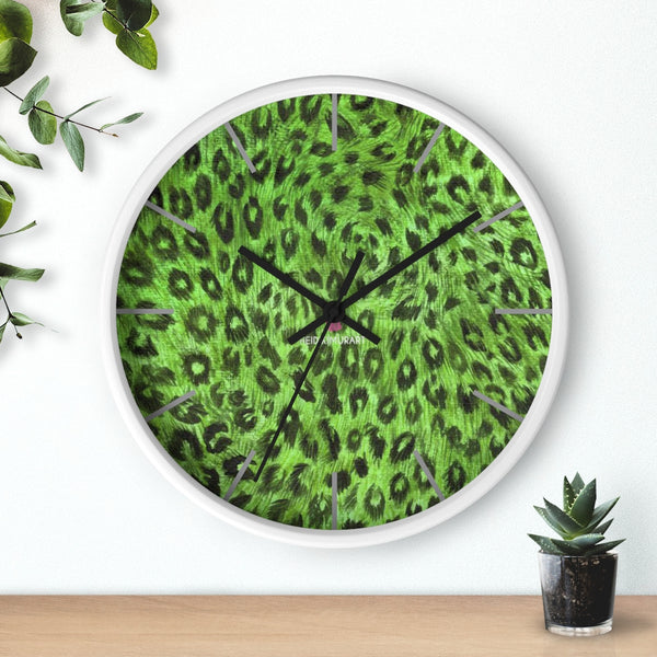 Green Leopard Print Wall Clock,  Numeric 10 inch Diameter Wall Clock, Large Round Wood Girl Children Bedroom Wall Clock
