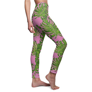 Light Pink Green Tropical Leaf Print Women's Dressy Long Casual Leggings- Made in USA-Casual Leggings-White Seams-M-Heidi Kimura Art LLC