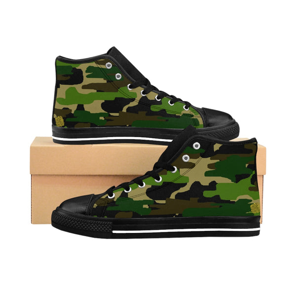 Military Army Green Camouflage Print Women's High Top Sneakers Running Shoes (US Size: 6-12)-Women's High Top Sneakers-Black-US 9-Heidi Kimura Art LLC Green Camo Women's Sneakers, Military Army Green Camouflage Print Women's High Top Sneakers, Athletic Classic Running Shoes (US Size: 6-12)