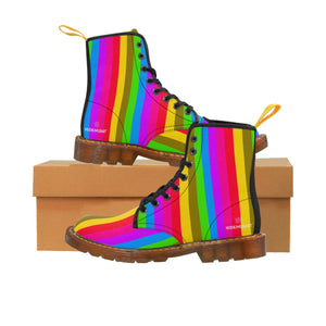 Rainbow Striped Print Women's Boots, Best Gay Pride Stripes Print Elegant Feminine Casual Fashion Gifts, Combat Boots, Designer Women's Winter Lace-up Toe Cap Hiking Boots Shoes For Women (US Size 6.5-11) 