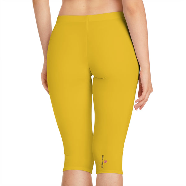 Yellow Color Women's Capri Leggings, Modern Essential Solid Color American-Made Best Designer Premium Quality Knee-Length Mid-Waist Fit Knee-Length Polyester Capris Tights-Made in USA (US Size: XS-3XL) Plus Size Available